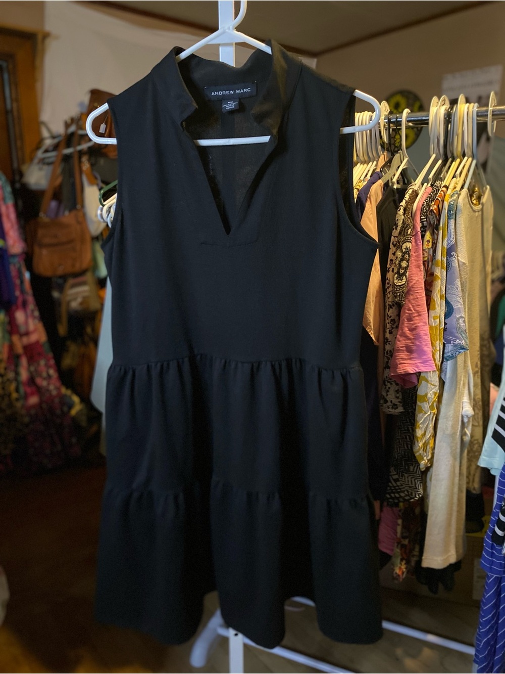 Andrew Marc Black Sleeveless V-Notch Tiered Midi Dress with pockets